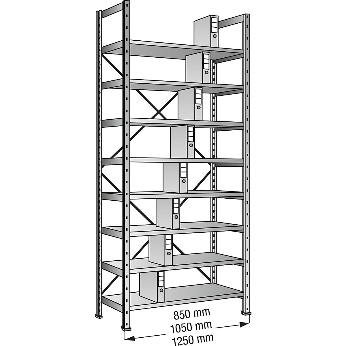 Scaffale a innesto per archivio, zincato, altezza 3000 mm, su un lato, largh. x prof. ripiano 800 x 300 mm, struttura di base-0