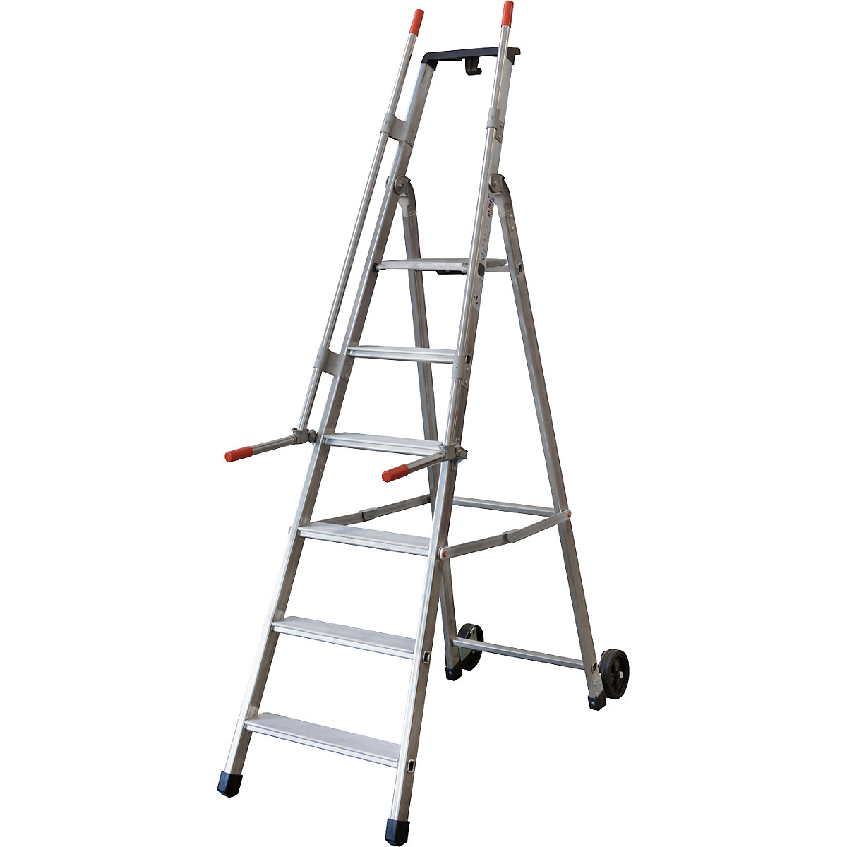 Scala mobile per magazzino e per scaffali, con 2 corrimano e rotelle, 6 gradini incl. piattaforma-0