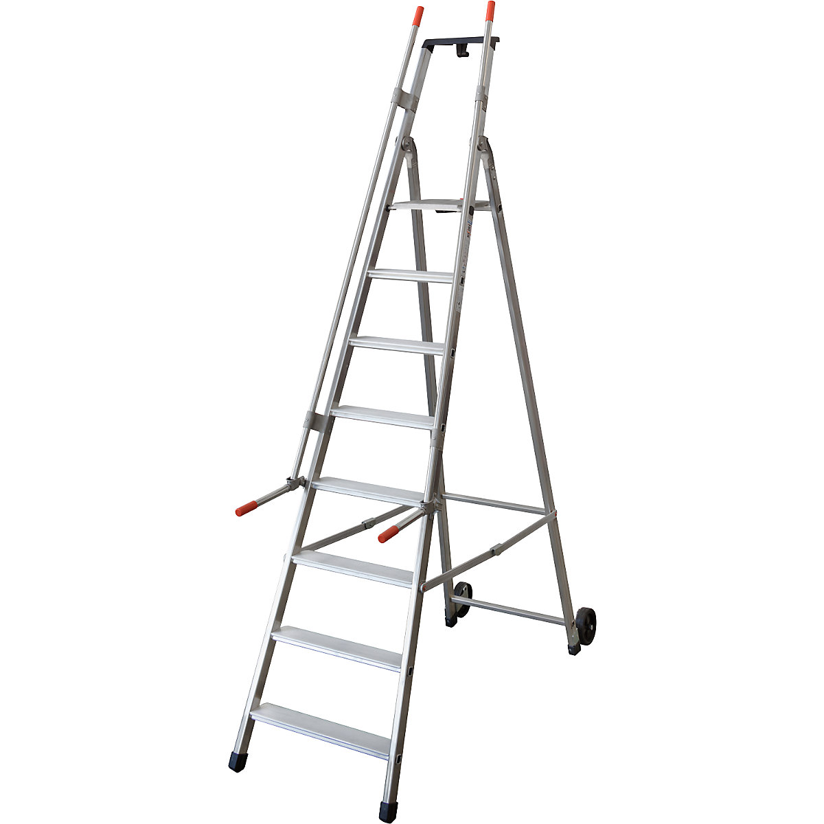 Scala mobile per magazzino e per scaffali, con 2 corrimano e rotelle, 8 gradini incl. piattaforma-0
