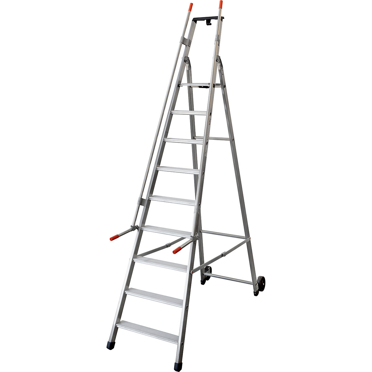 Scala mobile per magazzino e per scaffali, con 2 corrimano e rotelle, 9 gradini incl. piattaforma-0
