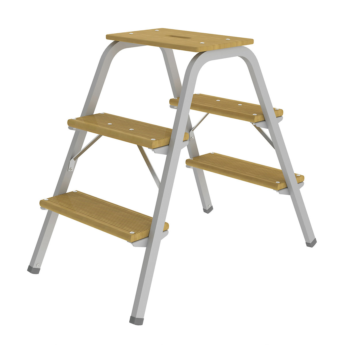 Scaletta in tubi d'acciaio con gradini in legno – MUNK, senza rotelle, 3 gradini incl. piattaforma-0