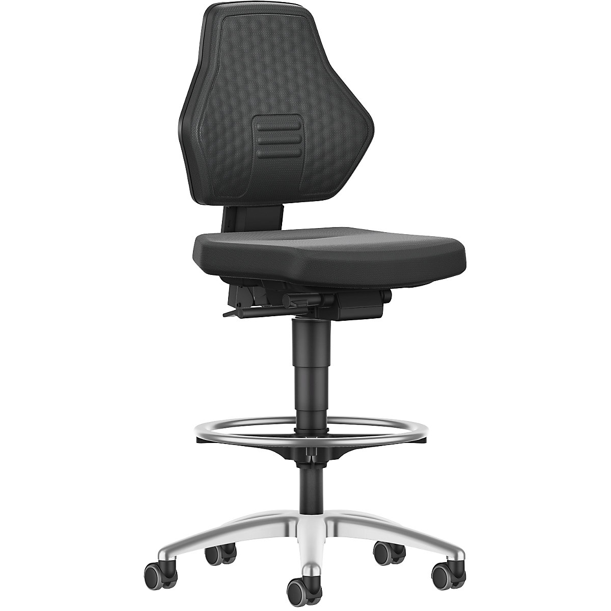 Scaun de lucru rotativ AIR FLOW – bimos, cu role cu frână la așezare și inel pentru picioare, tapițerie Supertec neagră-0