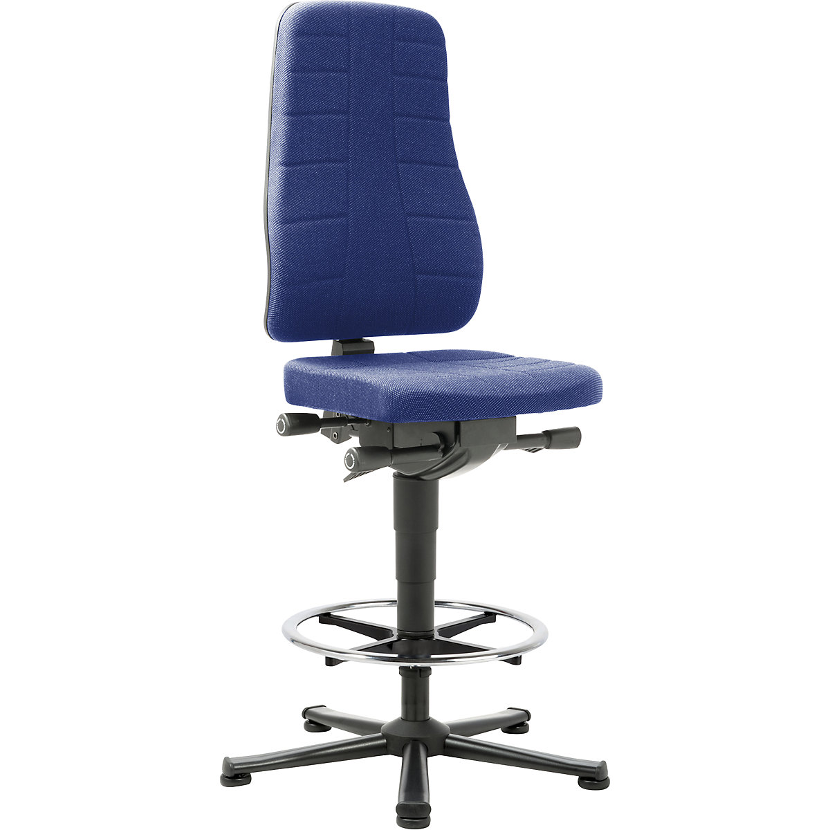 Scaun de lucru rotativ All-in-One – bimos, cu glisoare pentru podea și inel de rezemare, tapițerie textilă, albastră-0