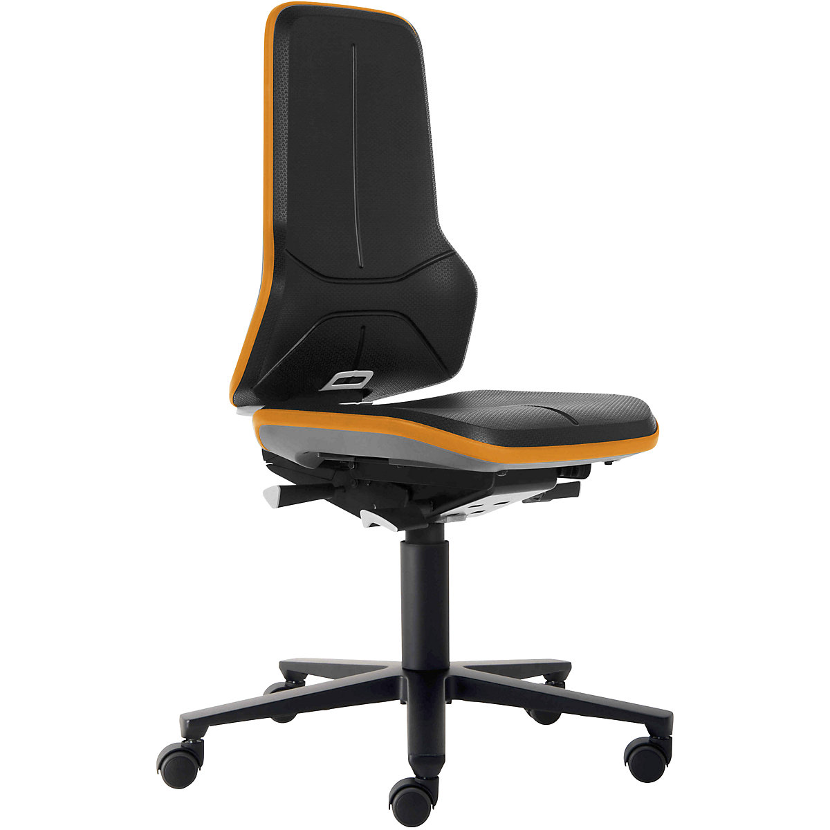 Scaun rotativ de lucru NEON, role – bimos, contact permanent, spumă PU, bandă flexibilă portocalie-0