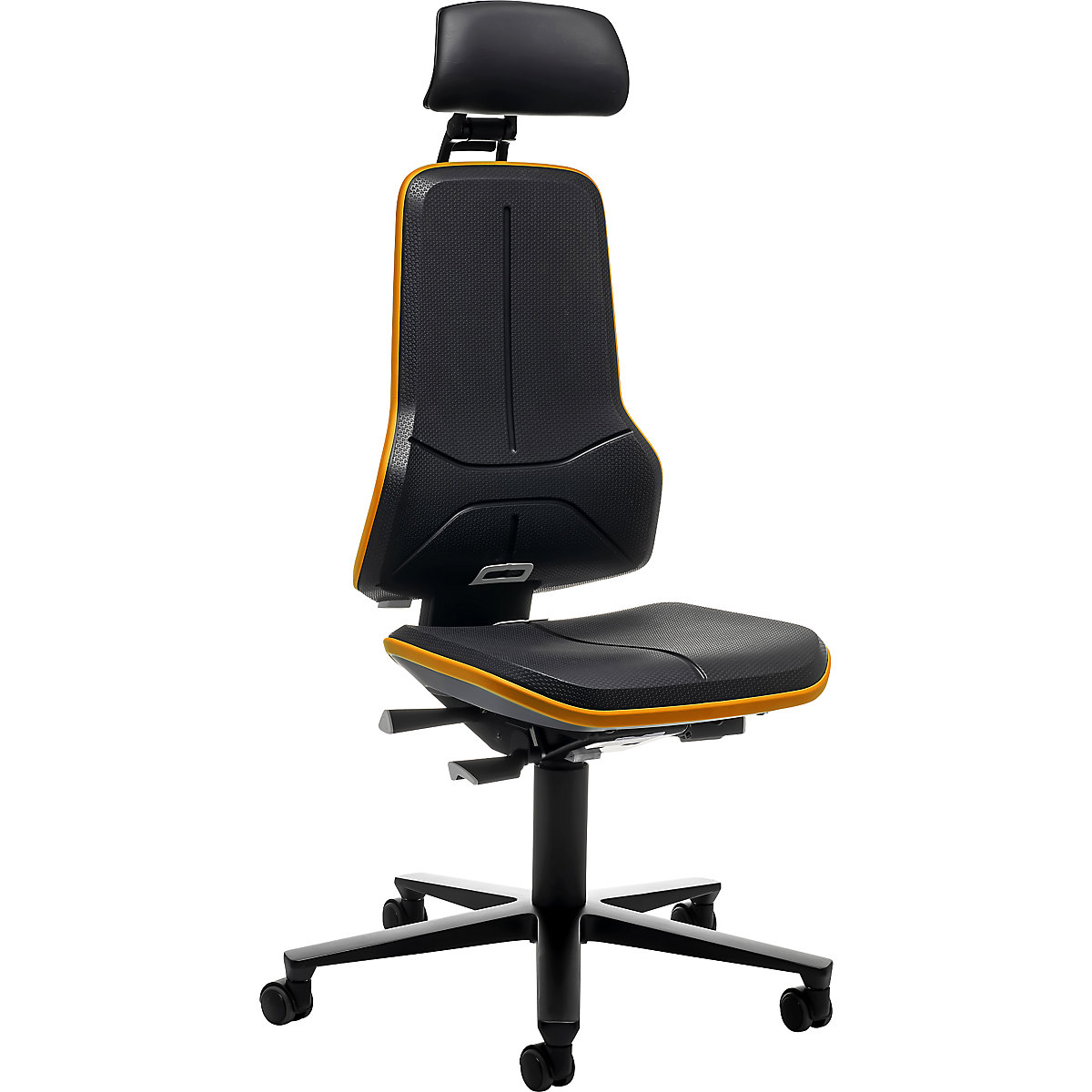 Scaun rotativ de lucru NEON, role, tetieră – bimos, mecanism sincron, spumă PU, bandă flexibilă portocalie-0