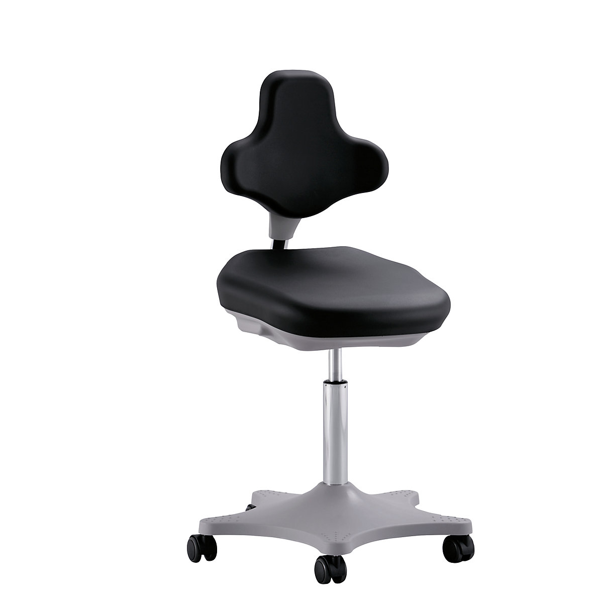 Scaun rotativ de lucru pentru atelier LABSTER – bimos, înălțime reglabilă 460 – 650 mm, cu role, șezut și spătar din spumă PU, negru-0