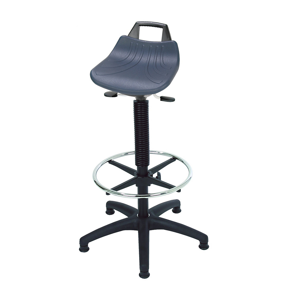 Taburet de atelier cu piston cu gaz pentru reglare înălțimii, cu glisoare cu cerc de susținere cromat, șezut din plastic spumă PU neagră-0