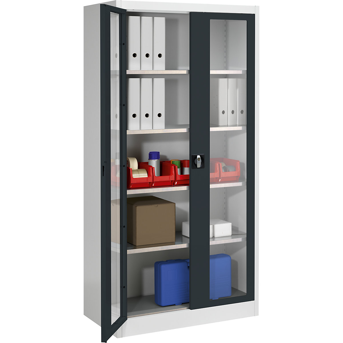 Sichtfenster-Flügeltürschrank mauser, mit 4 Fachböden, HxB 1950 x 950 mm, Tiefe 500 mm, lichtgrau/anthrazitgrau-0