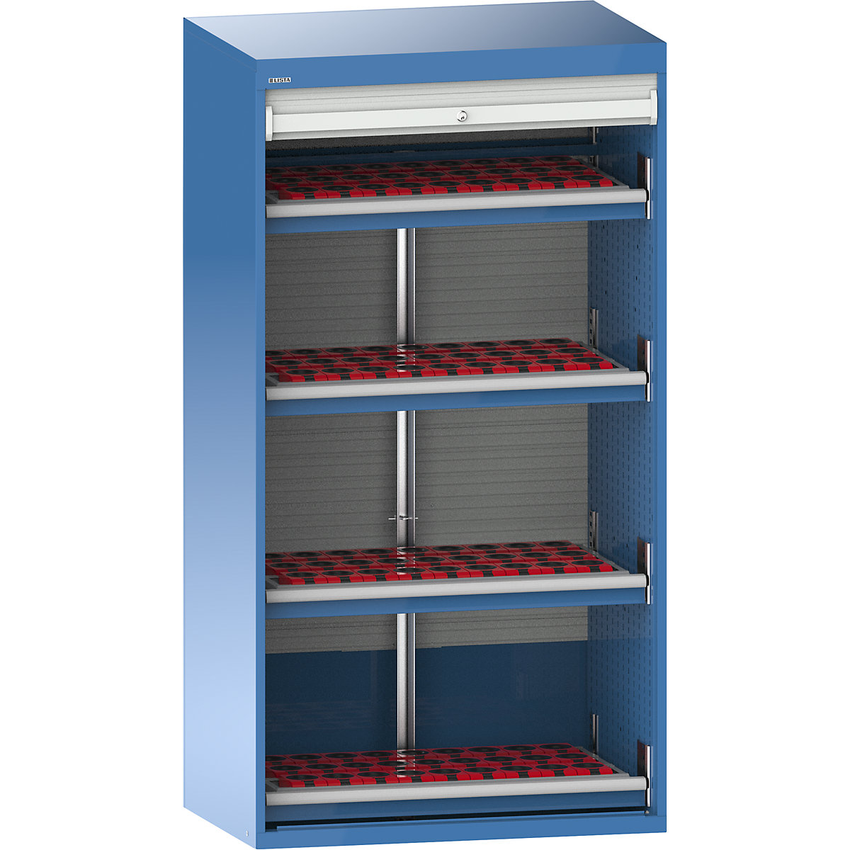 CNC-Schrank mit Rollladen LISTA, 4 Schubladen, 108 Halter HSK 63 A+C+E/80 B+D+F, lichtblau RAL 5012-0
