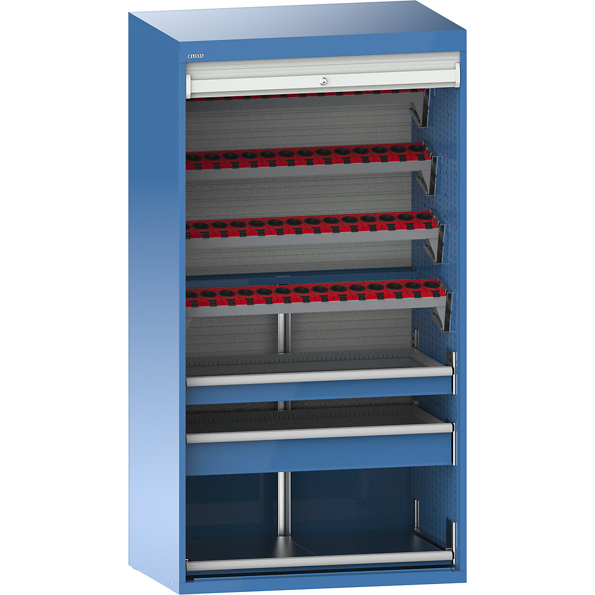 CNC-Schrank mit Rollladen LISTA, 7 Ebenen, 56 Halter ISO-SK 40, lichtblau RAL 5012-0