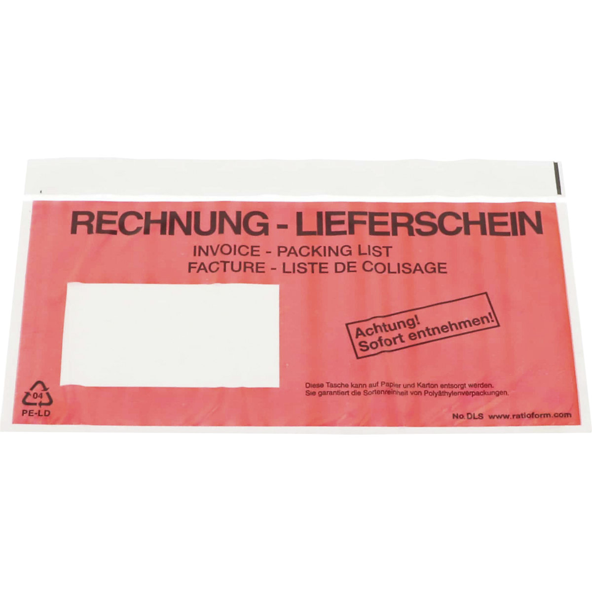 Premium light document pouches – ratioform, with vision panel, Packing list – Invoice imprint, pack of 250, long documents, adhesive liner-0