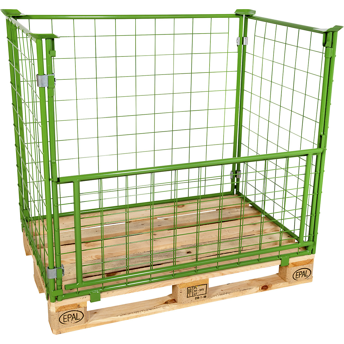 Mesh stacking frame for EUR pallet – eurokraft basic, with flap, mesh size 100 x 100 mm, height 800 mm, green-1