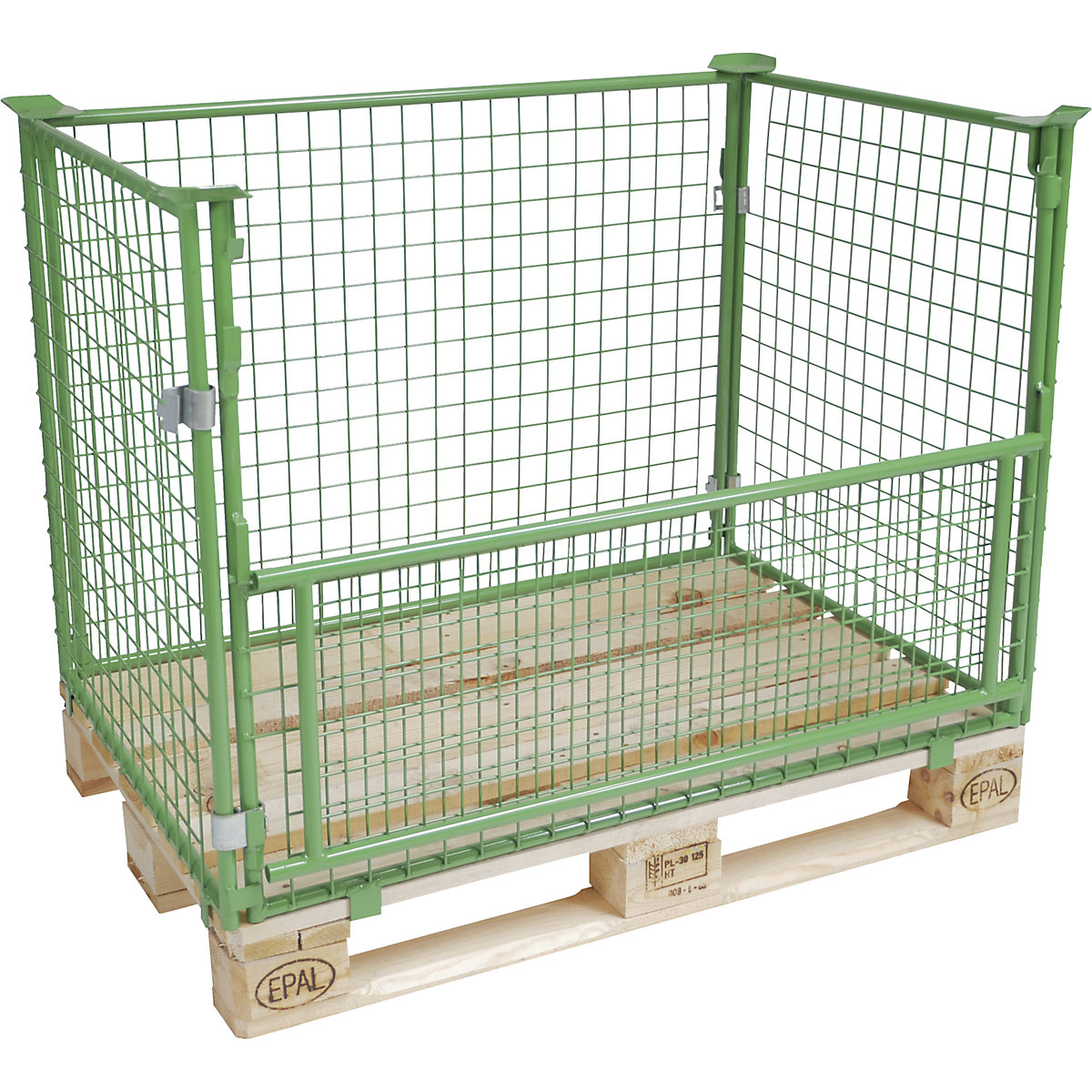Mesh stacking frame for EUR pallet – eurokraft basic, with flap, mesh size 50 x 50 mm, height 1000 mm, green-1