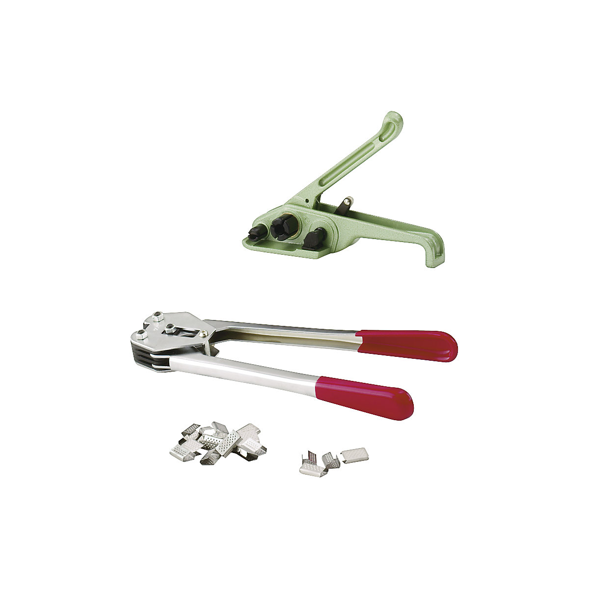 Tensioning tool and sealing tongs for PP strapping