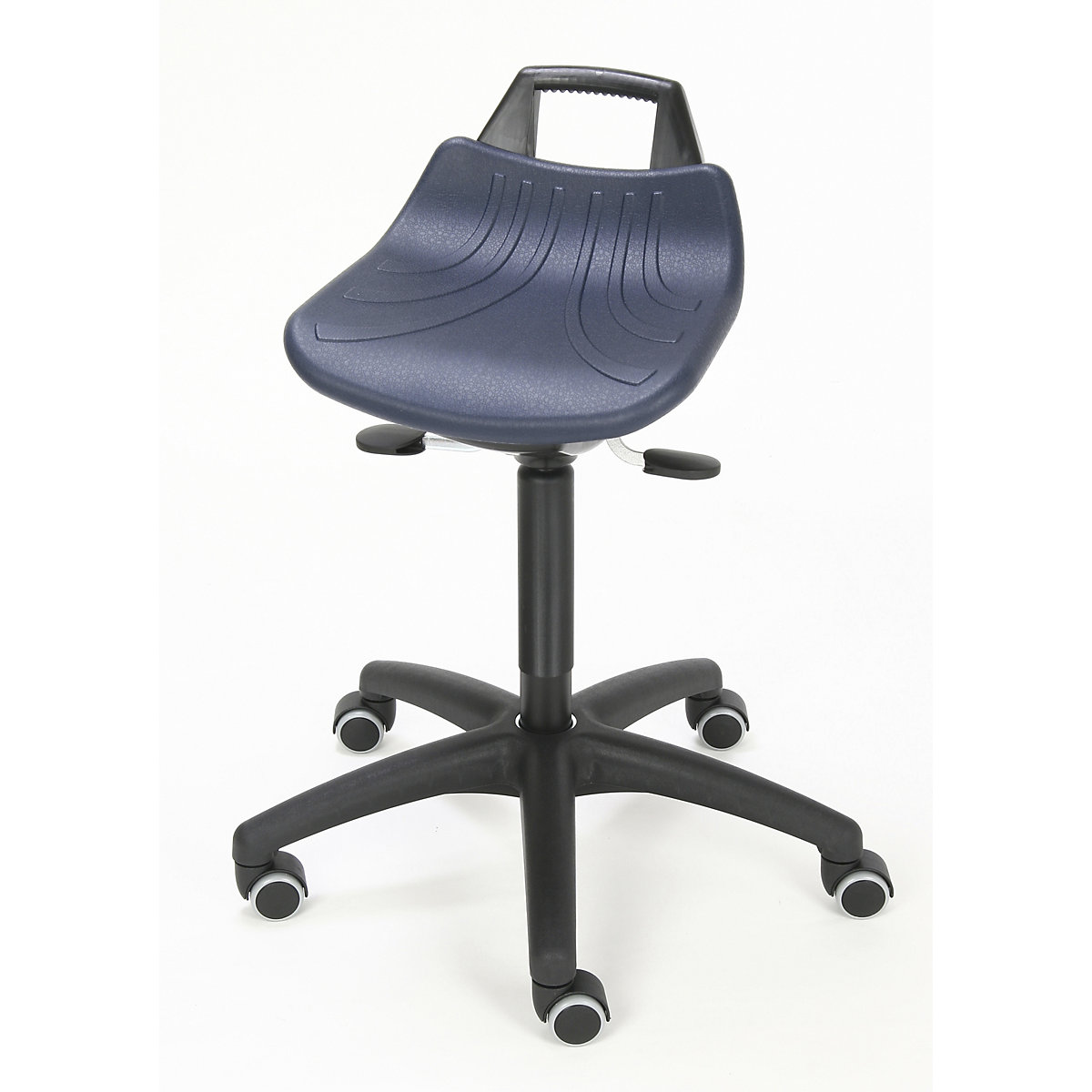 Sgabello da lavoro con altezza regolabile con pompa a gas, con rotelle, sedile in PU espanso blu-0