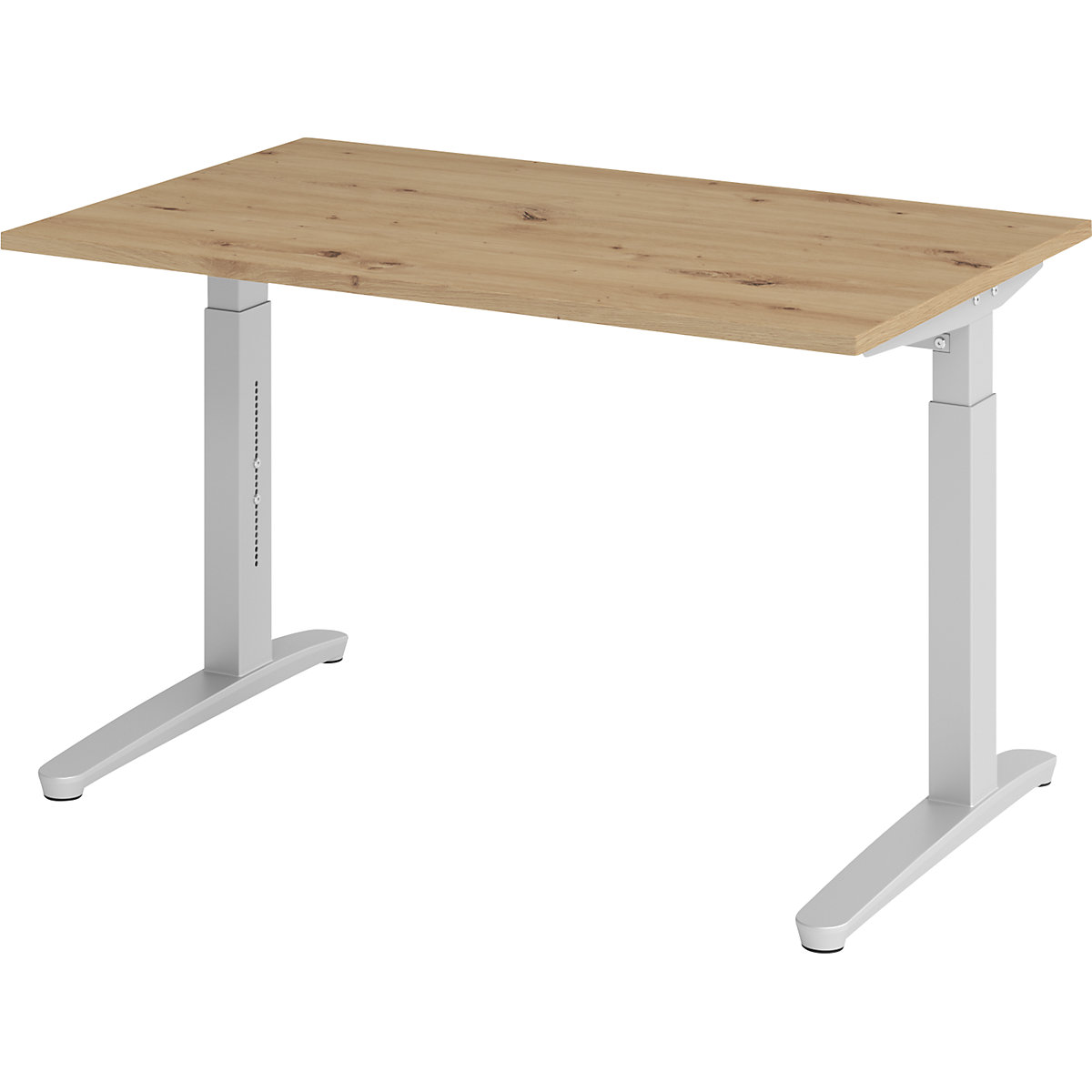 Scrivania con basamento a C ANNY – eurokraft pro, regolabile in altezza 650 – 850 mm, larghezza 1200 mm, rovere nodato / alluminio brillante-0