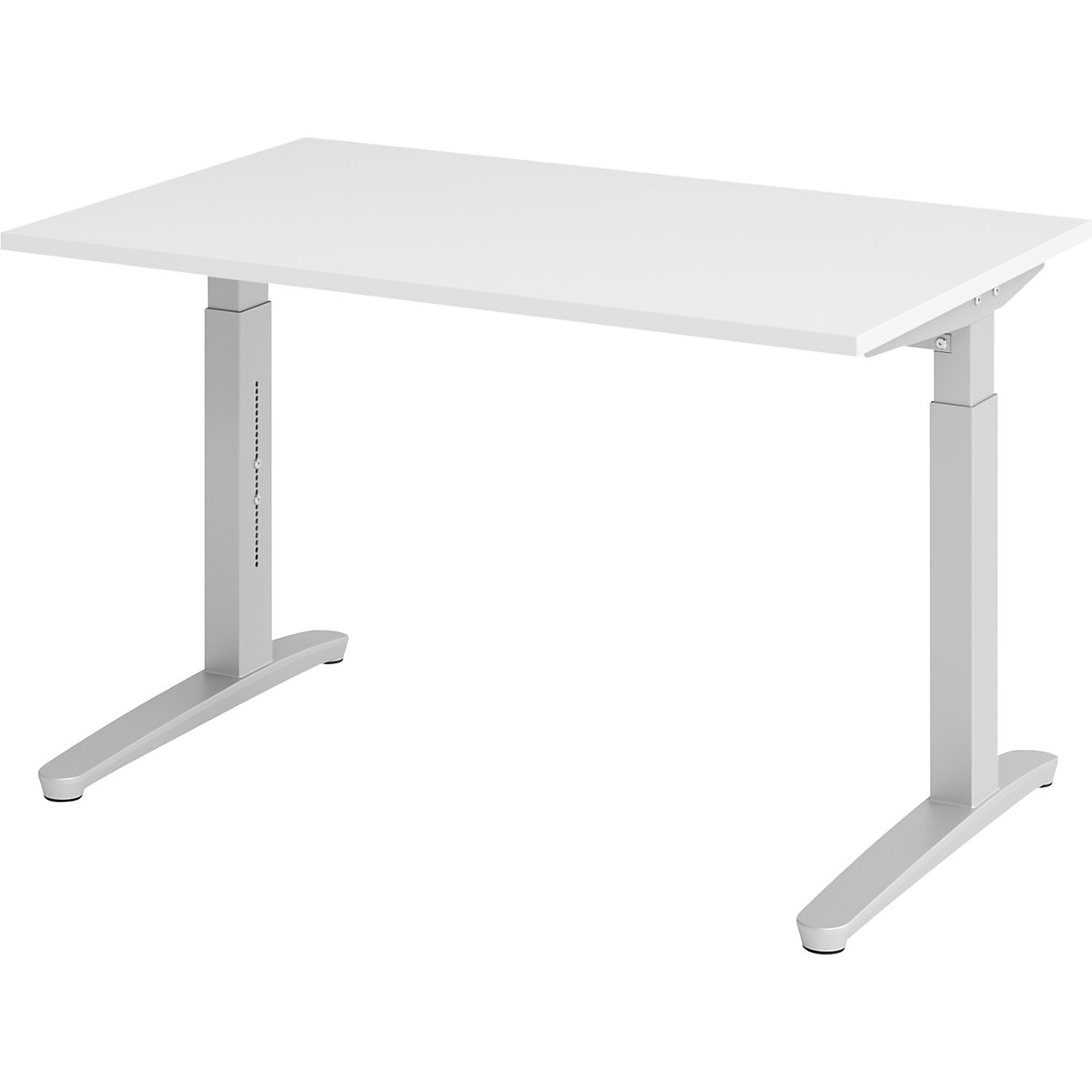 Scrivania con basamento a C ANNY – eurokraft pro, regolabile in altezza 650 – 850 mm, larghezza 1200 mm, bianco / alluminio brillante-0