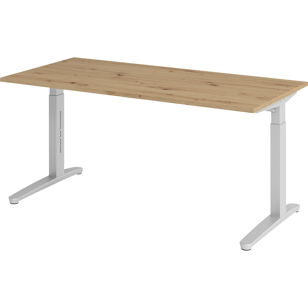 Scrivania con basamento a C ANNY – eurokraft pro, regolabile in altezza 650 – 850 mm, larghezza 1600 mm, rovere nodato / alluminio brillante-0