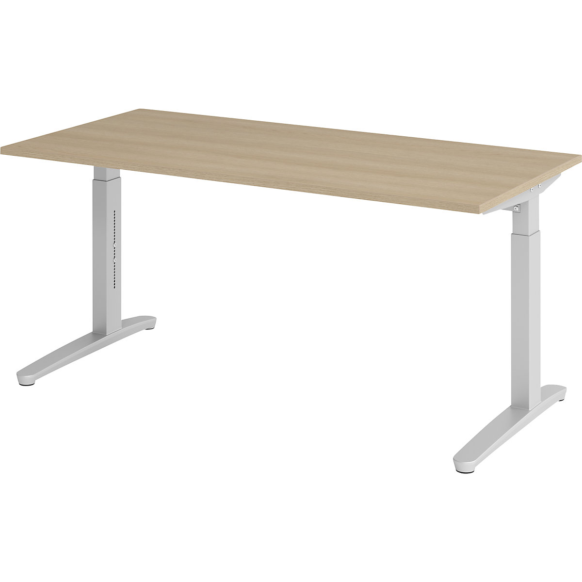 Scrivania con basamento a C ANNY – eurokraft pro, regolabile in altezza 650 – 850 mm, larghezza 1600 mm, quercia / alluminio brillante-0