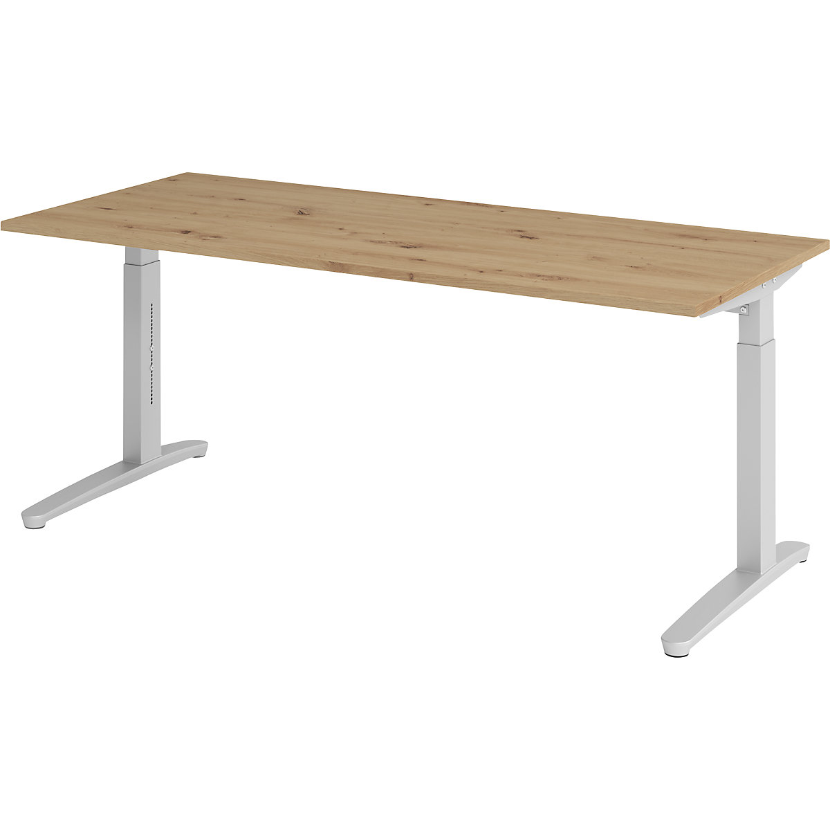 Scrivania con basamento a C ANNY – eurokraft pro, regolabile in altezza 650 – 850 mm, larghezza 1800 mm, rovere nodato / alluminio brillante-0