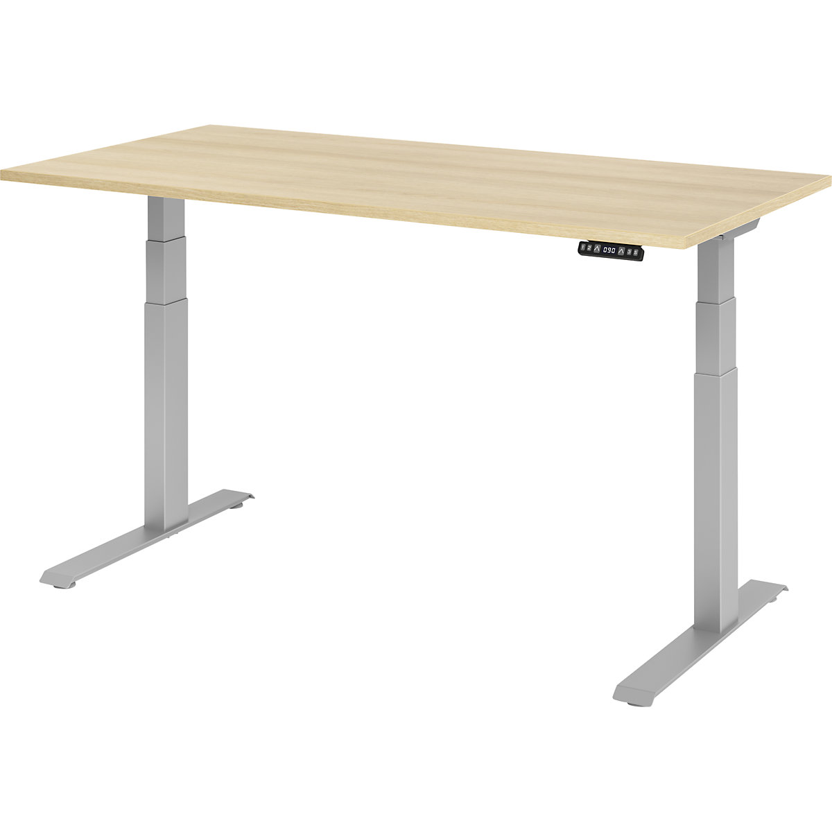 Biurko, z elektryczną regulacją wysokości UPLINER-K, z włącznikiem funkcji pamięci, szer. x głęb. 1600 x 800 mm, dąb/srebrne aluminium-0