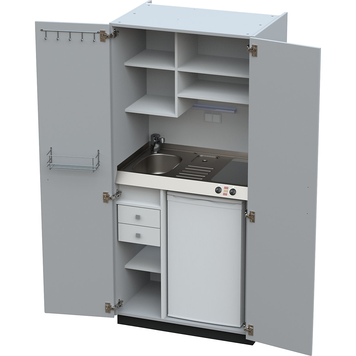 Cucina a scomparsa con ante a battente, 2 piastre di cottura in vetroceramica, lavandino a sinistra, grigio, 1956 x 900 x 650 mm-0