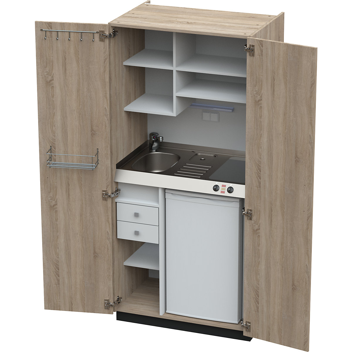 Cucina a scomparsa con ante a battente, 2 piastre di cottura in vetroceramica, lavandino a sinistra, quercia, 1956 x 900 x 650 mm-0