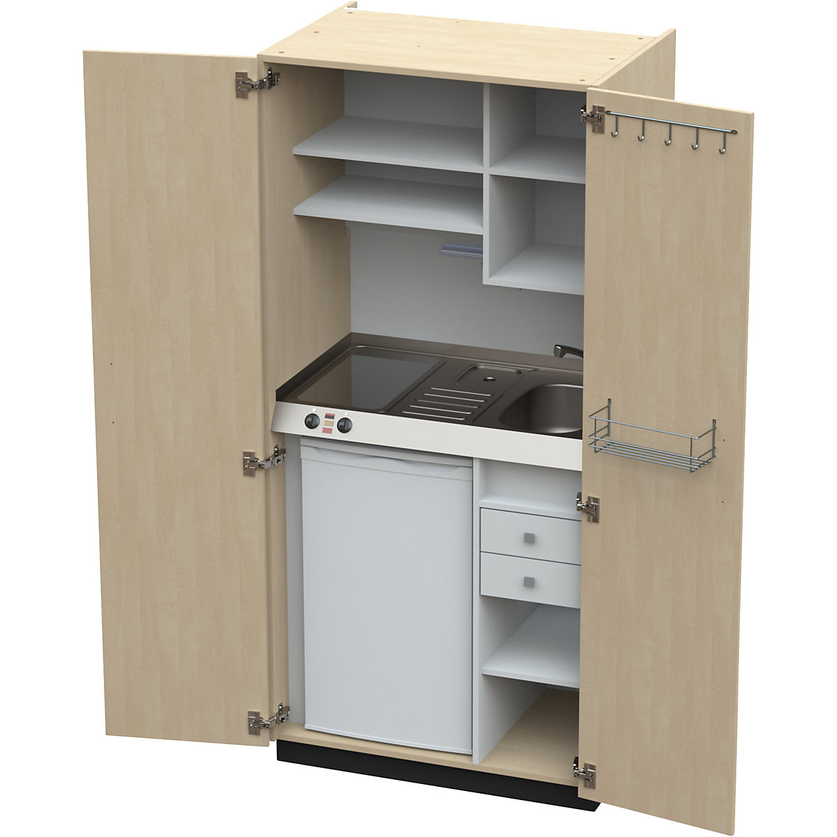 Cucina a scomparsa con ante a battente, 2 piastre di cottura in vetroceramica, lavandino a destra, betulla, 1956 x 900 x 650 mm-0