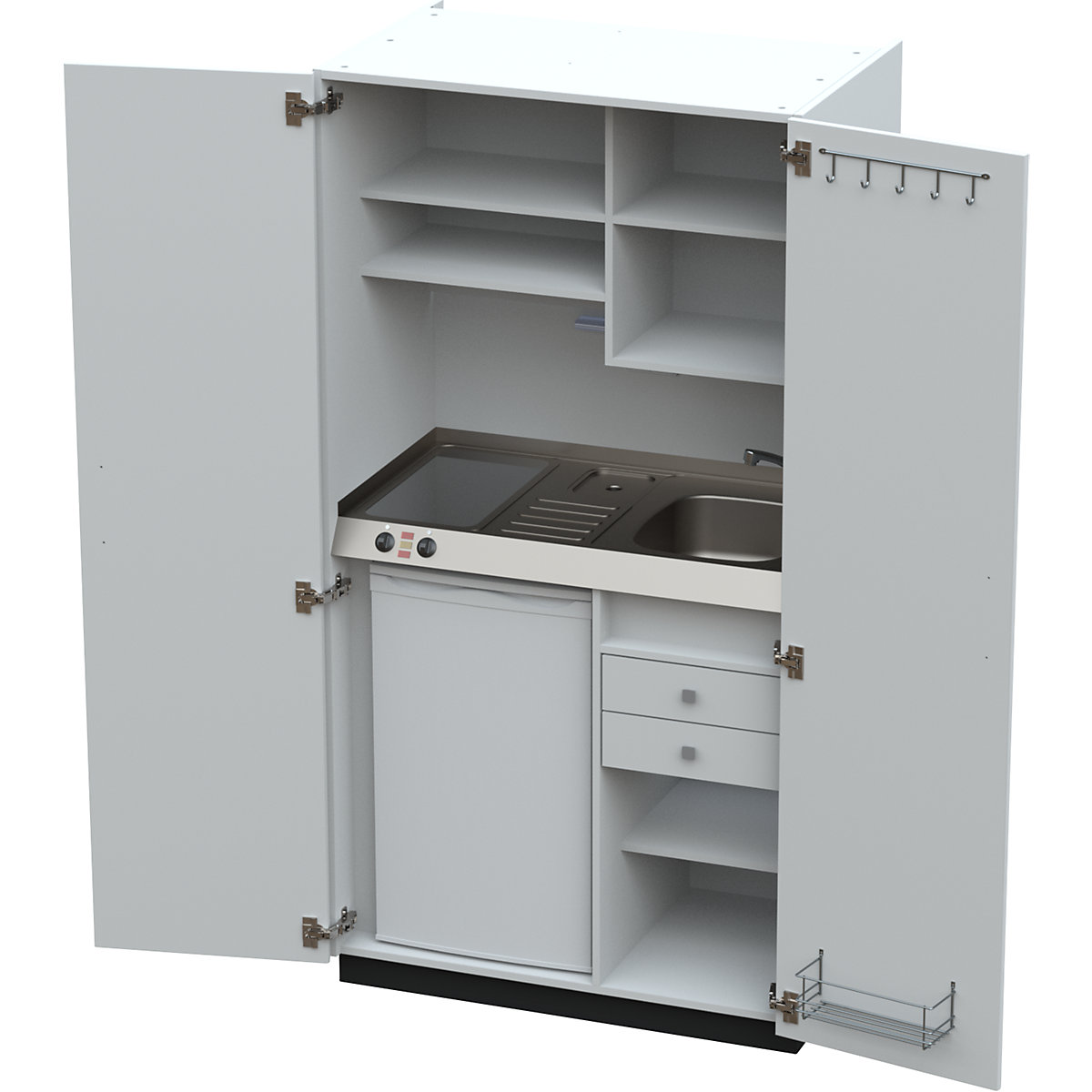 Cucina a scomparsa con ante a battente, 2 piastre di cottura in vetroceramica, lavandino a destra, bianco, 1956 x 1000 x 650 mm-0