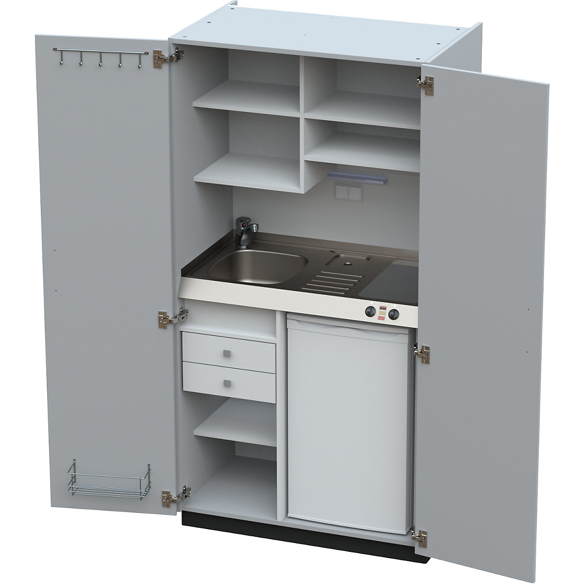 Cucina a scomparsa con ante a battente, 2 piastre di cottura in vetroceramica, lavandino a sinistra, grigio, 1956 x 1000 x 650 mm-0