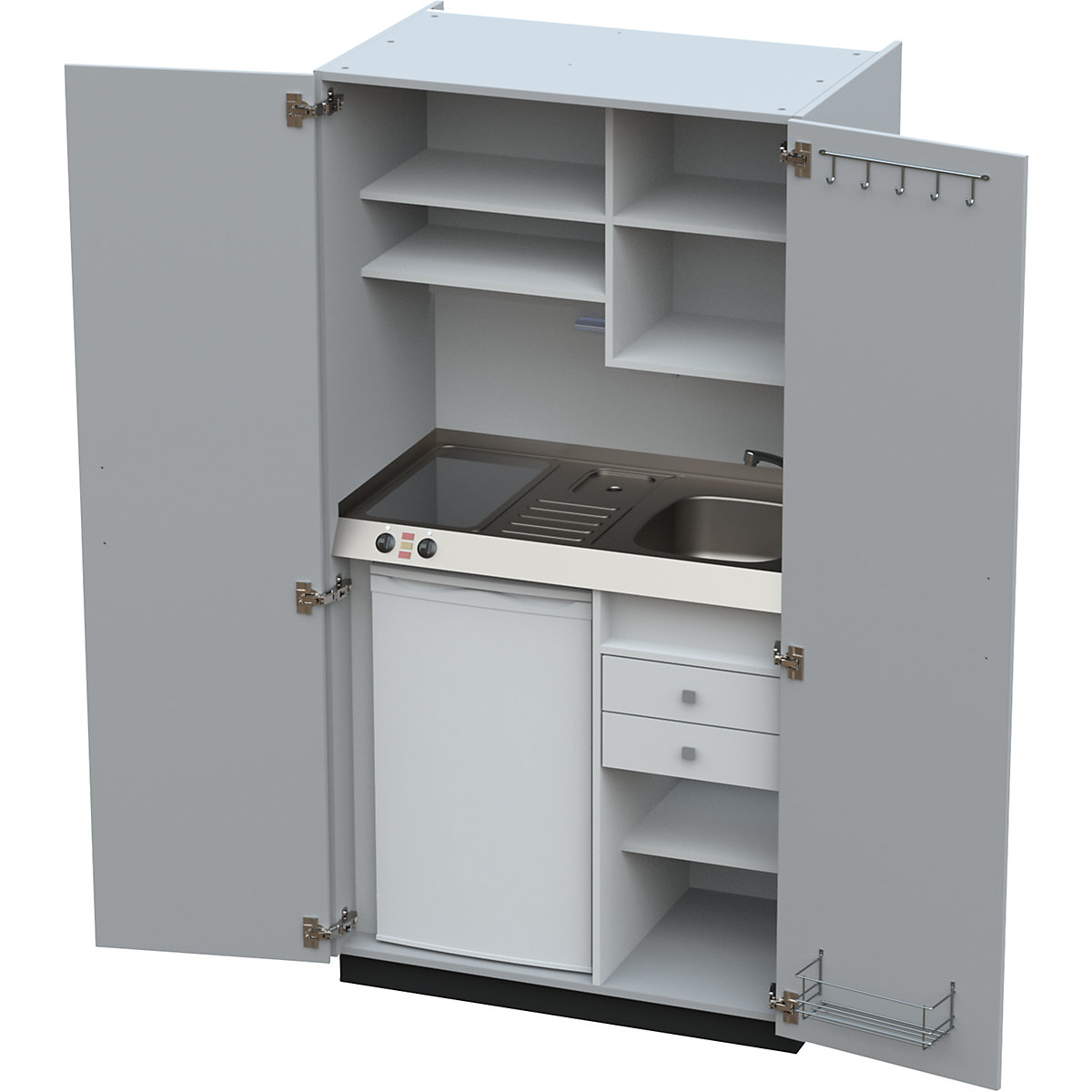 Cucina a scomparsa con ante a battente, 2 piastre di cottura in vetroceramica, lavandino a destra, grigio, 1956 x 1000 x 650 mm-0