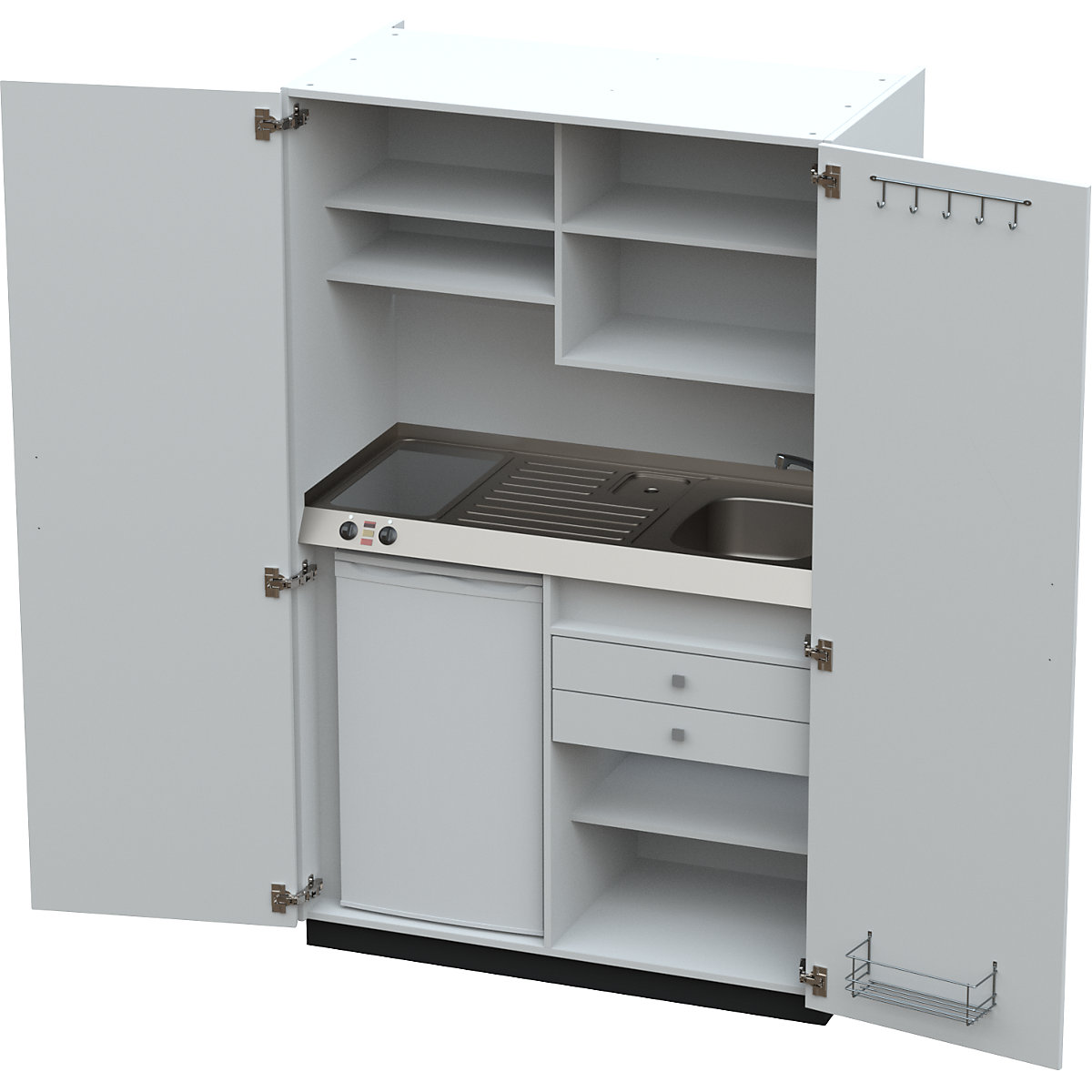 Cucina a scomparsa con ante a battente, 2 piastre di cottura in vetroceramica, lavandino a destra, bianco, 1956 x 1200 x 650 mm-0