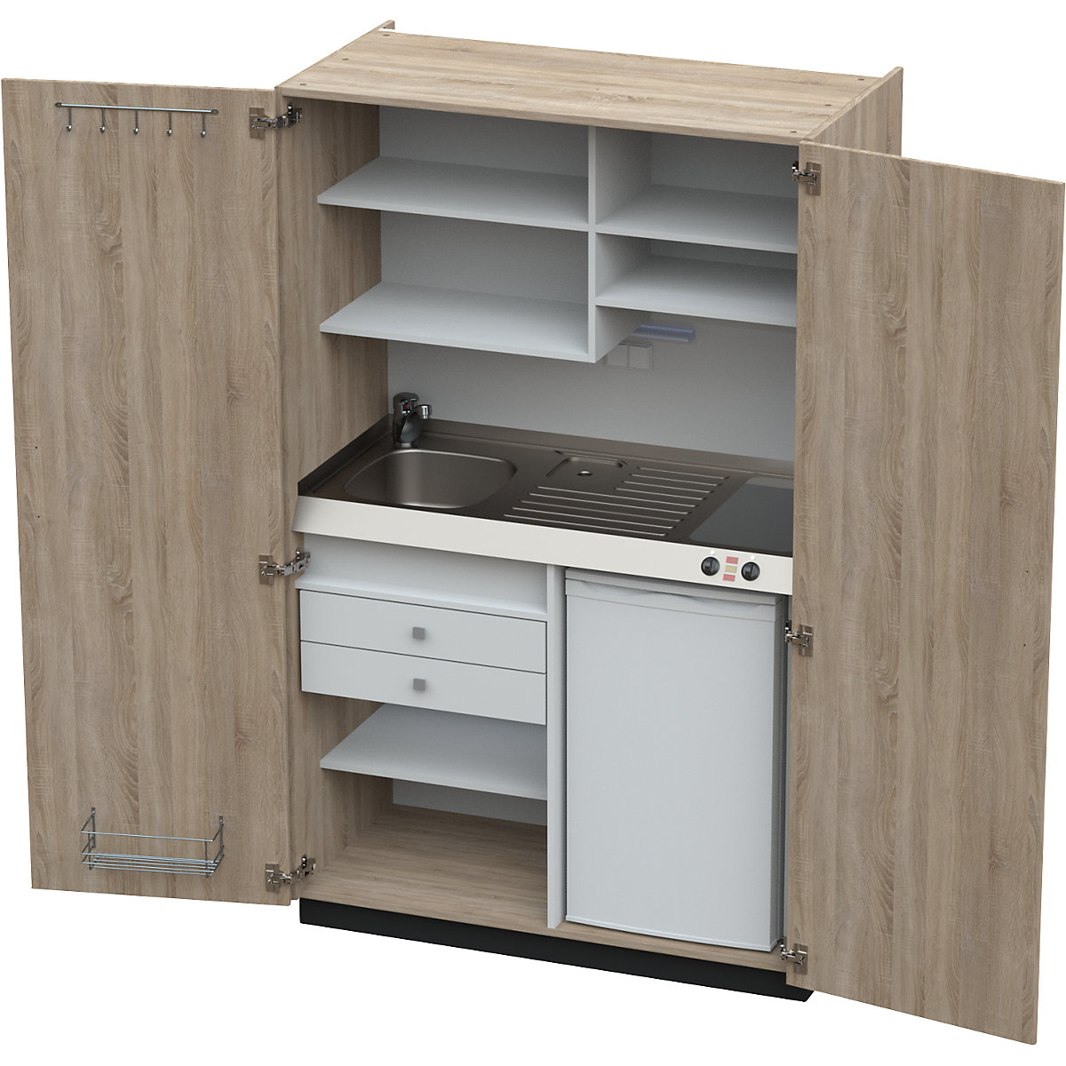 Cucina a scomparsa con ante a battente, 2 piastre di cottura in vetroceramica, lavandino a sinistra, quercia, 1956 x 1200 x 650 mm-0
