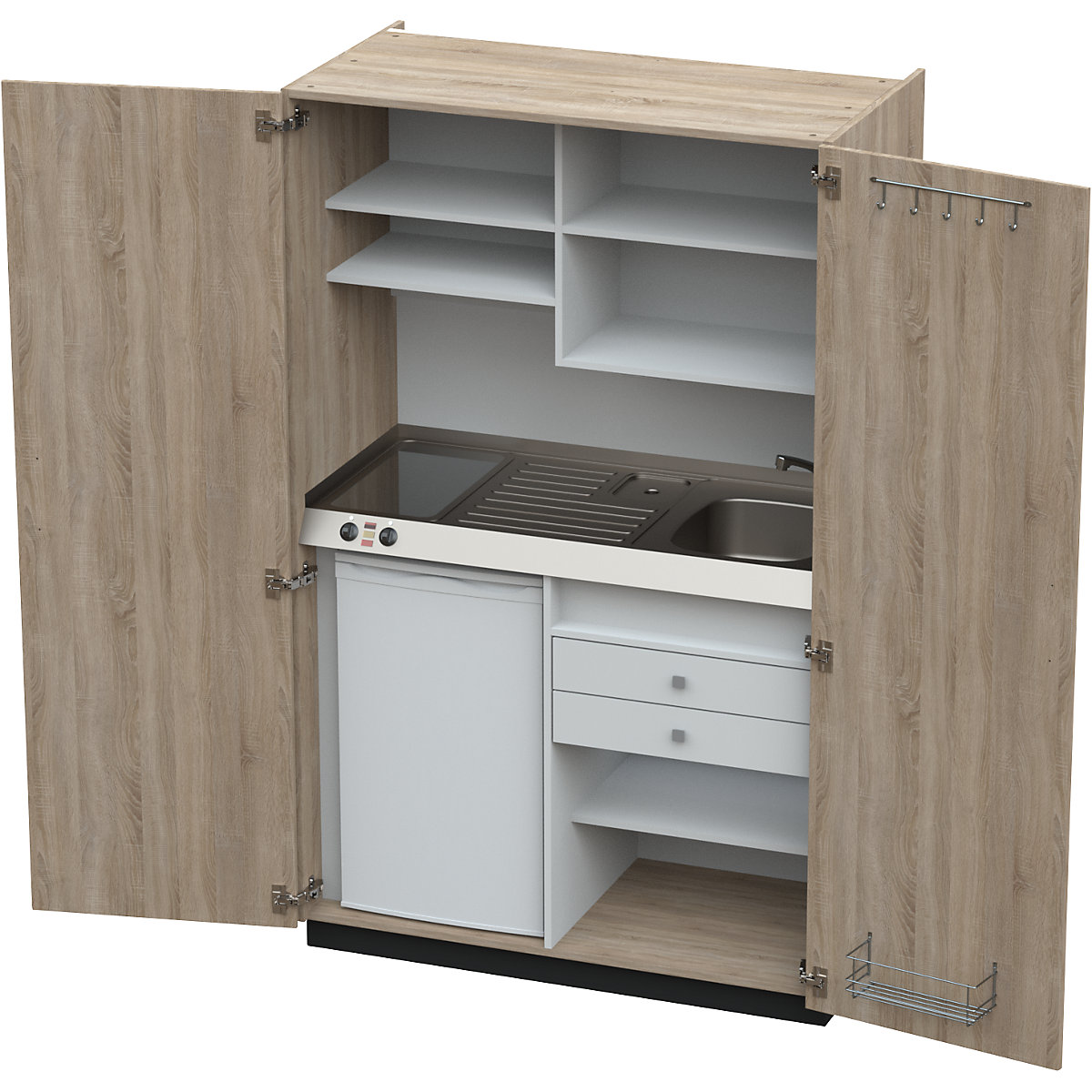 Cucina a scomparsa con ante a battente, 2 piastre di cottura in vetroceramica, lavandino a destra, quercia, 1956 x 1200 x 650 mm-0