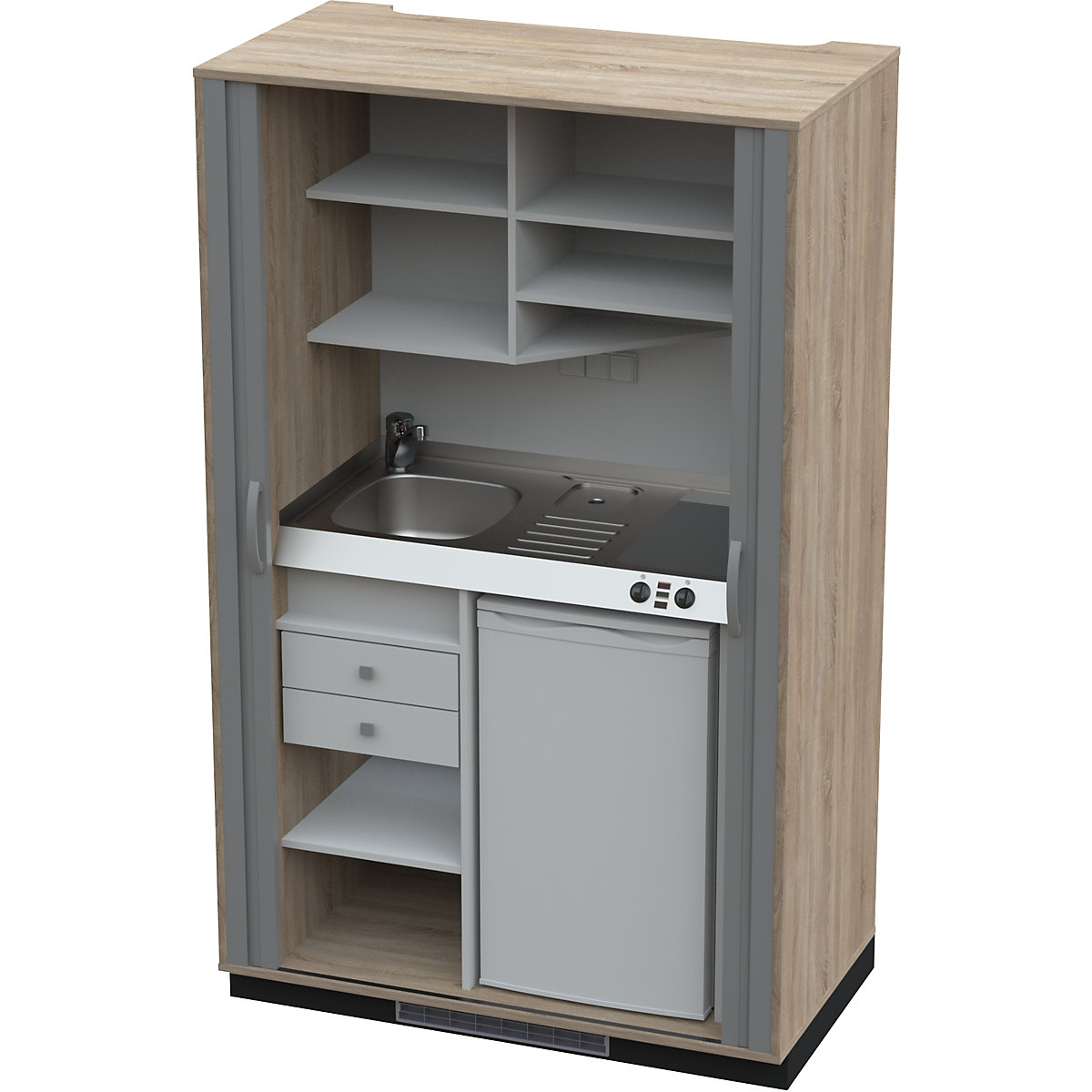 Cucina a scomparsa con ante a serranda, 2 piastre di cottura in vetroceramica, lavandino a sinistra, quercia/antracite 1956 x 1200 x 650 mm-0