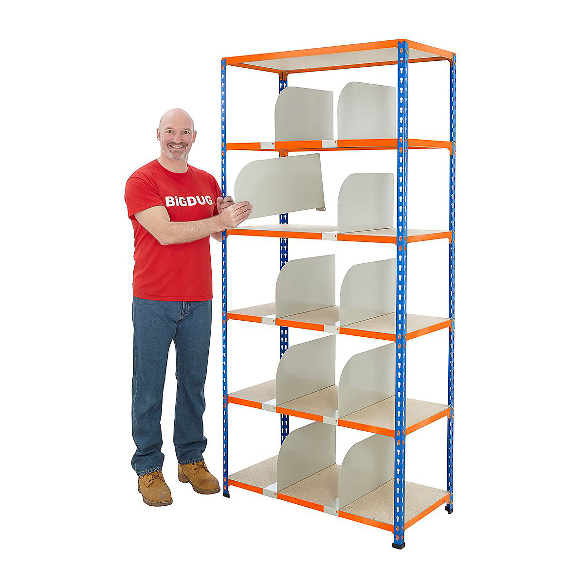 BiG340 1980mm High Shelving with Dividers, BiG340 1980mm High Shelving with Dividers, BiG340 Shelving with Dividers | 1980h x 915w x 305d mm | 6 Levels & 10 Dividers | 340kg UDL | Blue & Orange-2