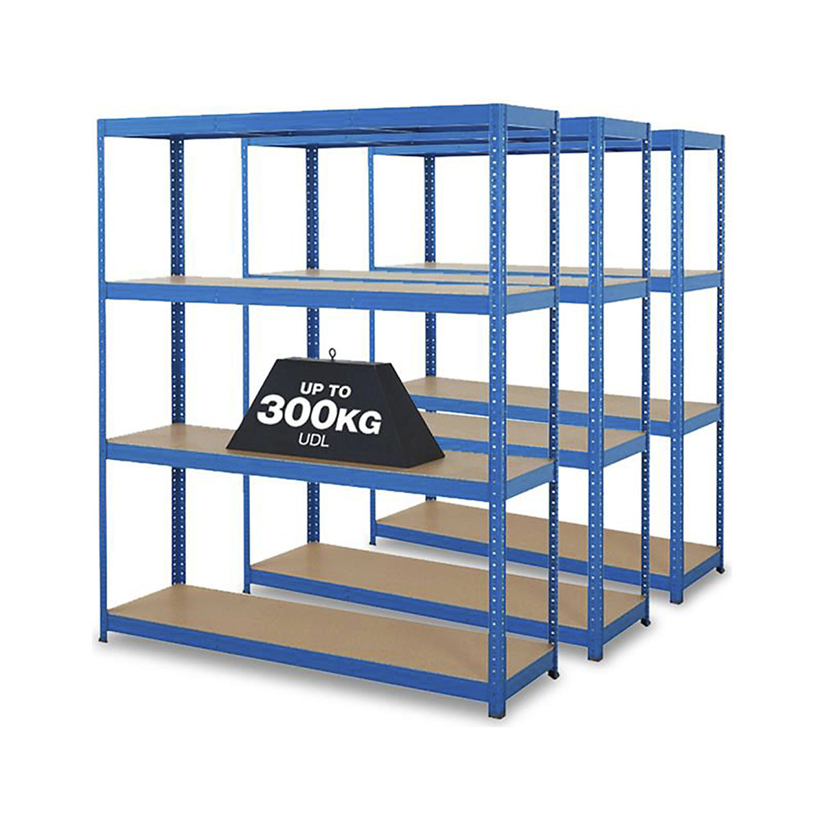 BiGDUG Essentials 300kg Blue Shelving Mega Deal, BiGDUG Essentials 300kg Blue Shelving Mega Deal, 3x BiGDUG Essentials Blue Shelving Units, 4 Shelves, 1780h x 1500w x 450d mm 300kg UDL-0