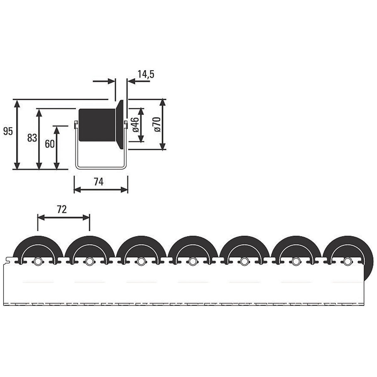Heavy Duty Roller Track with Black Flanged PVC Rollers (Product illustration 2)-1