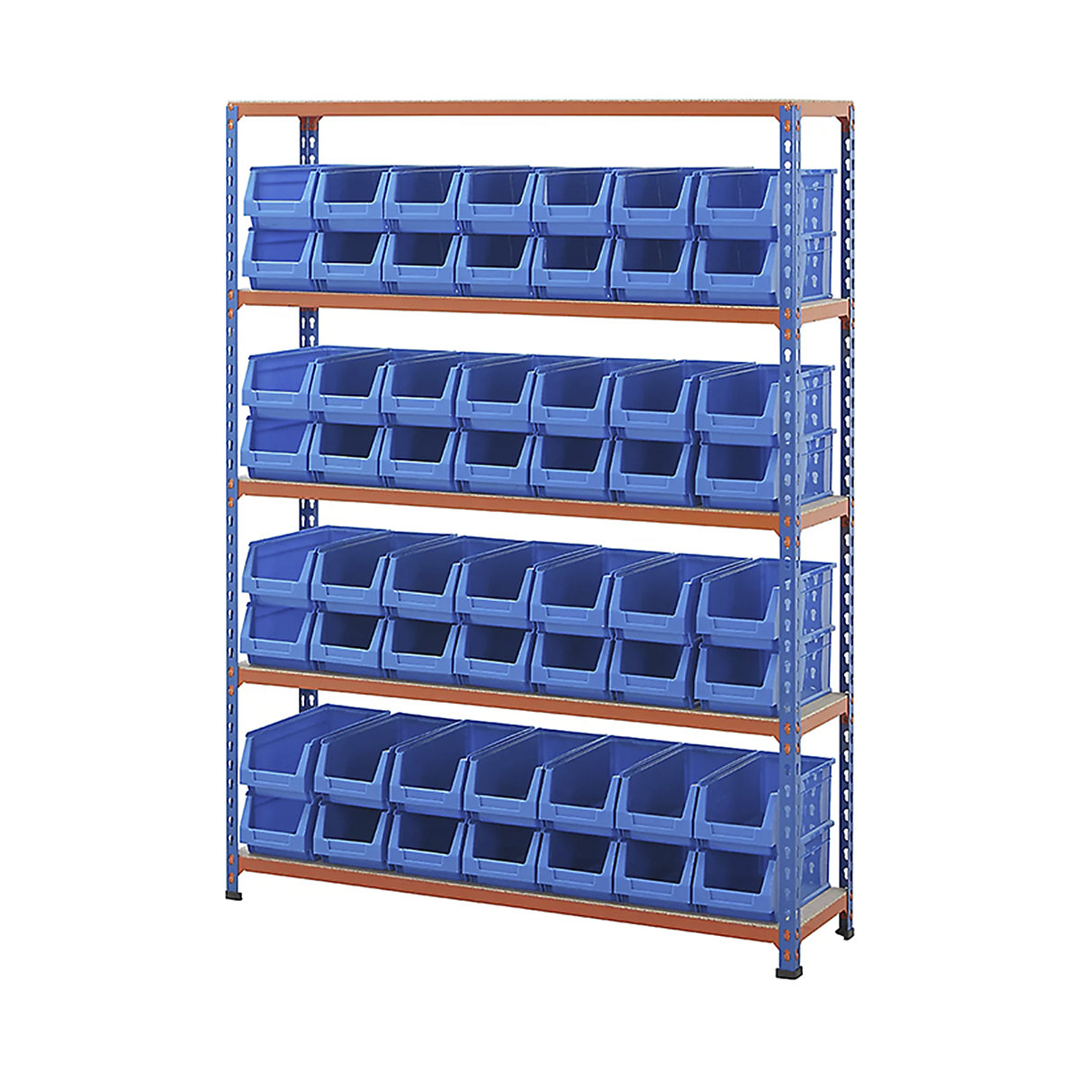 BiG200 Small Parts Storage Shelving Kits, BiG200 Small Parts Storage Shelving Kits, BiG200 Shelving with Plastic Parts Bins | 1600h x 1220w x 305d mm | 140kg UDL | 56x Blue B53 Bins | Blue & Silver-6