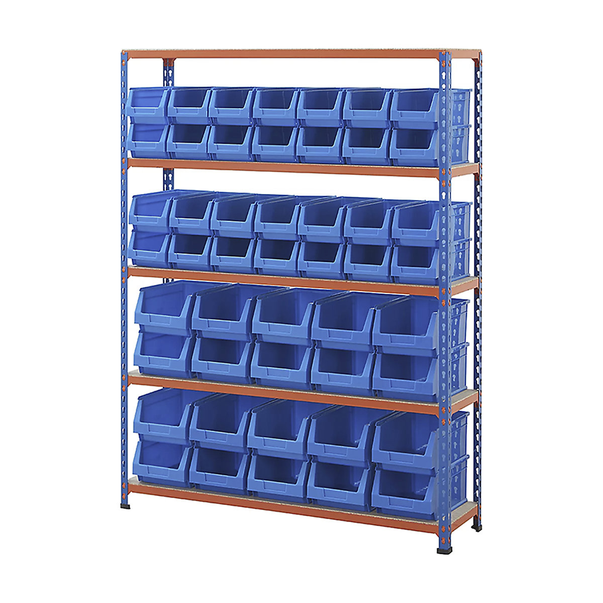 BiG200 Small Parts Storage Shelving Kits, BiG200 Small Parts Storage Shelving Kits, BiG200 Shelving with Plastic Parts Bins | 1600h x 1220w x 305d mm | 140kg UDL | 28x B53 & 20x B54 Blue Bins | Blue & Silver-7