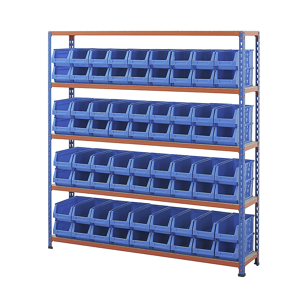 BiG200 Small Parts Storage Shelving Kits, BiG200 Small Parts Storage Shelving Kits, BiG200 Shelving with Plastic Parts Bins | 1600h x 1525w x 305d mm | 90kg UDL | 72x Blue B53 Bins | Blue & Silver-8
