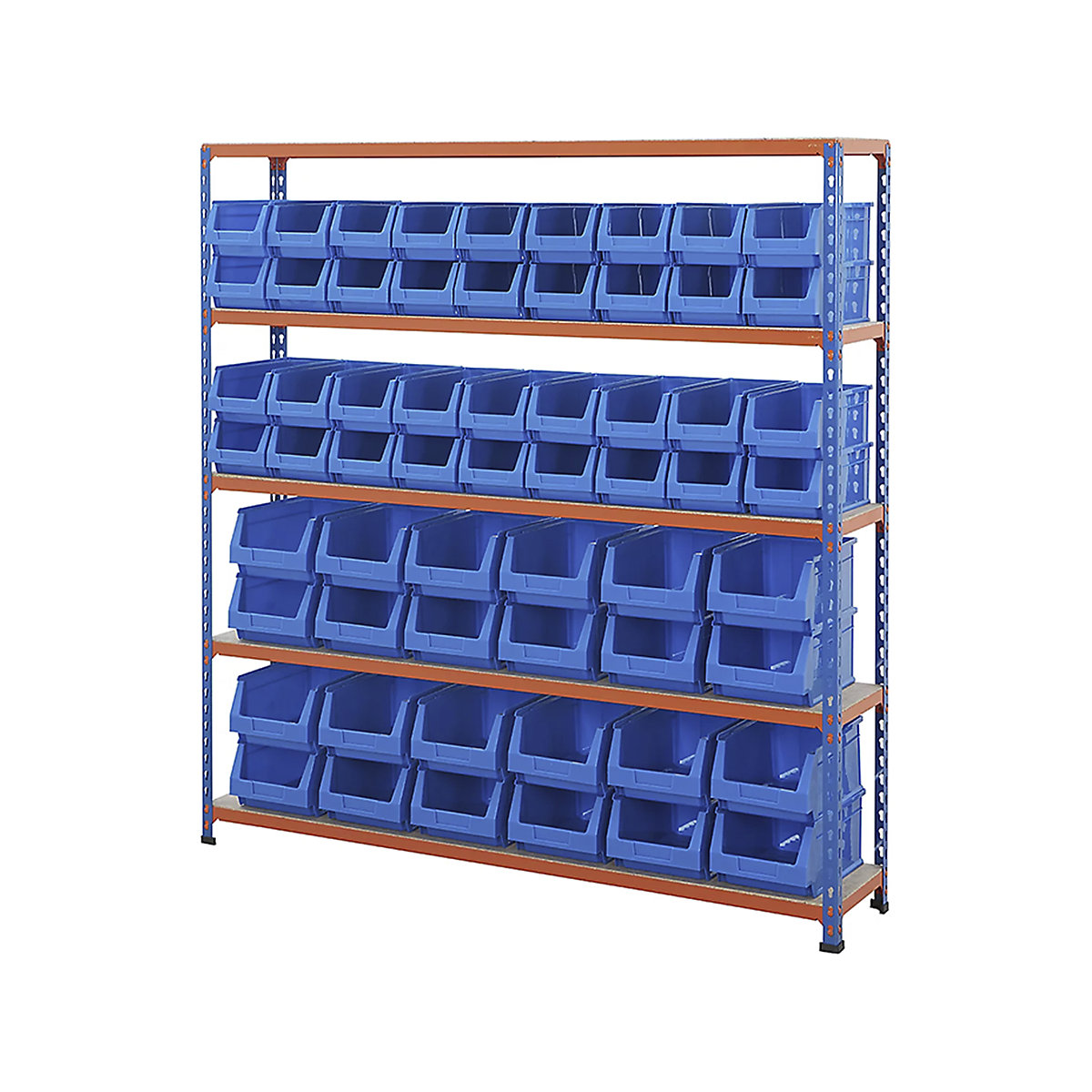 BiG200 Small Parts Storage Shelving Kits, BiG200 Small Parts Storage Shelving Kits, BiG200 Shelving with Plastic Parts Bins | 1600h x 1525w x 305d mm | 90kg UDL | 36x B53 & 24x B54 Blue Bins | Blue & Silver-10