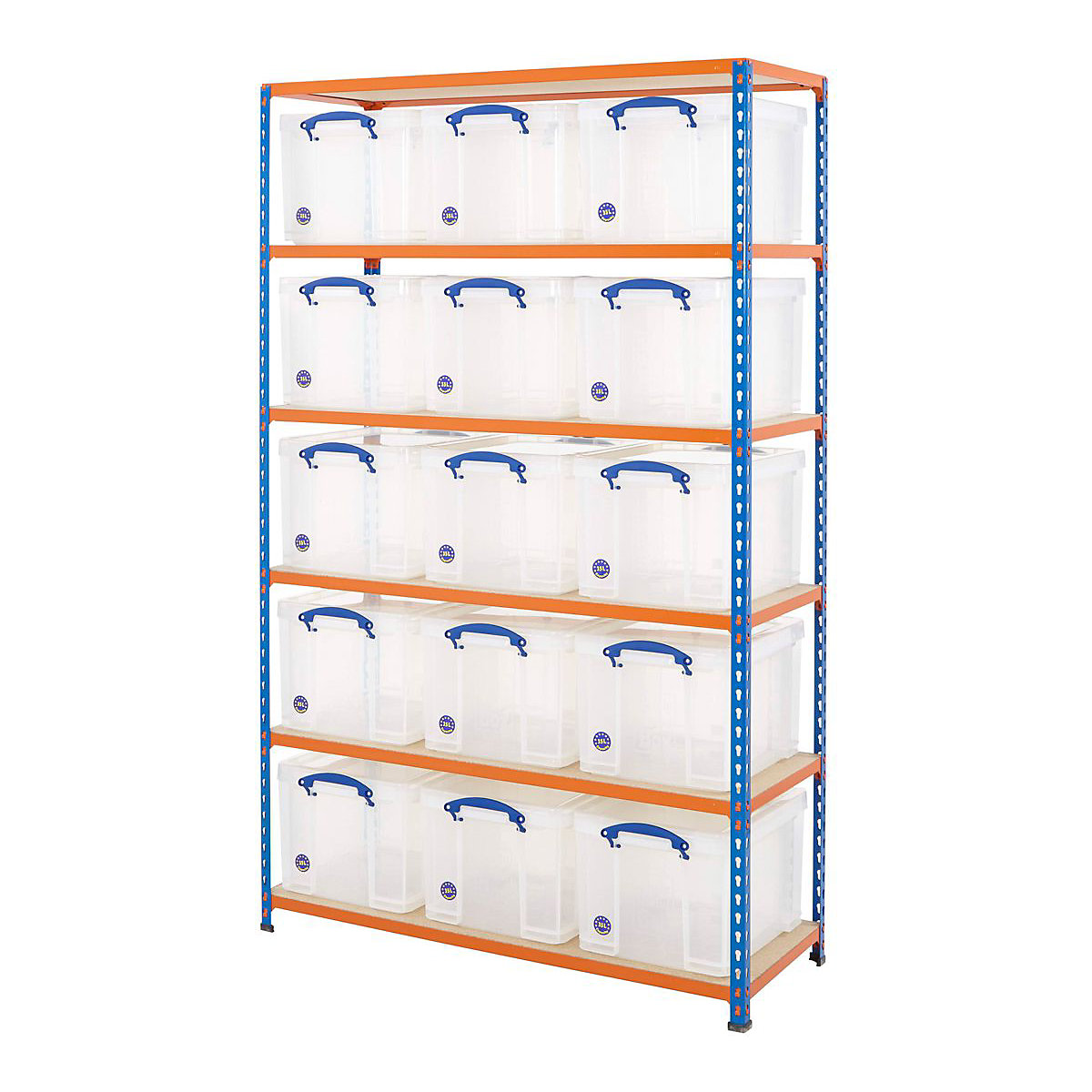 BiG340 Shelving With Really Useful Boxes, BiG340 Shelving With Really Useful Boxes, BiG340 Shelving | 1980h x 1220w x 455d mm | 6 Levels | Blue & Grey | 200kg UDL with 15 x 35 Litre Clear Really Useful Boxes-10