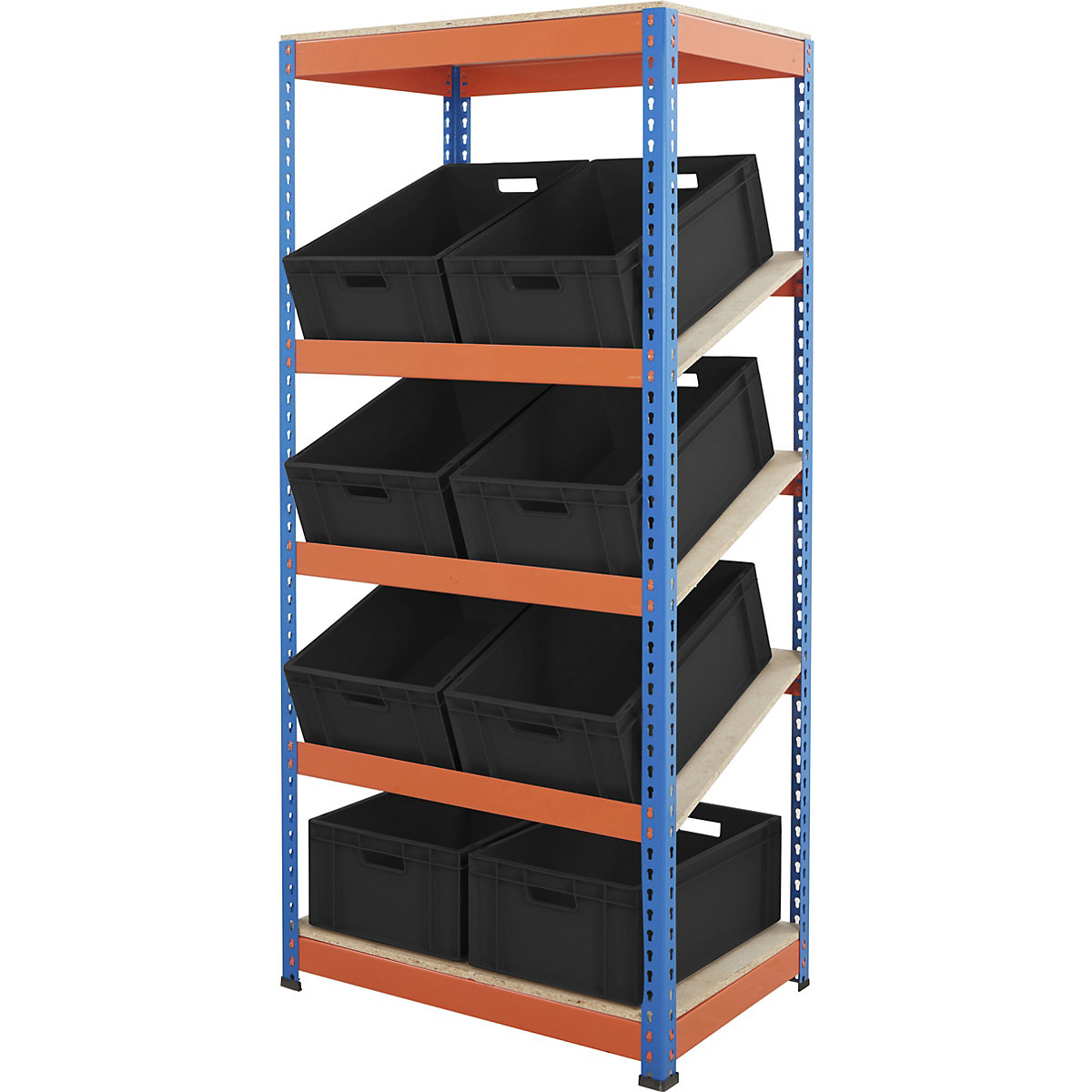 BiG400 Metal Kanban Shelving System, BiG400 Metal Kanban Shelving System, BiG400 Metal Kanban Shelving System | 1980h x 915w x 610d mm | 5 Shelves | 8x Black Recycled Euro Containers | 42 Litre | Blue & Orange-9