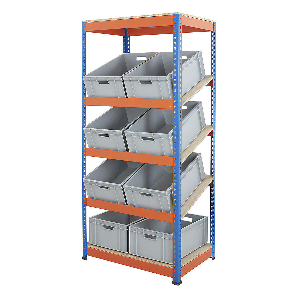 BiG400 Metal Kanban Shelving System, BiG400 Metal Kanban Shelving System, BiG400 Metal Kanban Shelving System | 1980h x 915w x 610d mm | 5 Shelves | 8x Grey Euro Containers | 42 Litre | Blue & Orange-3