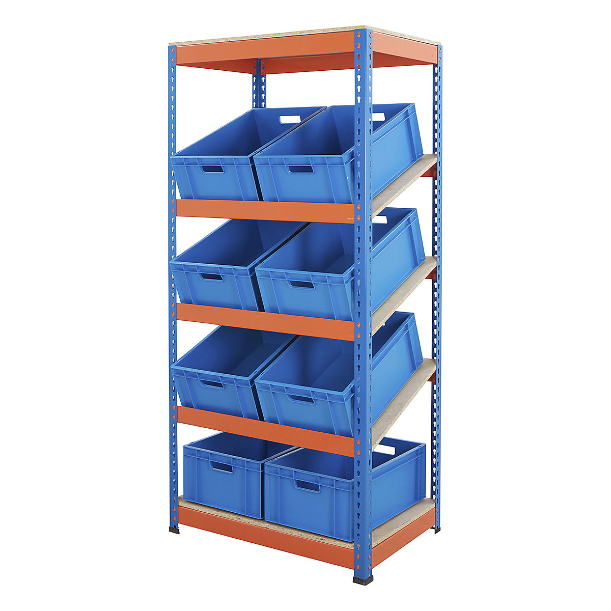 BiG400 Metal Kanban Shelving System, BiG400 Metal Kanban Shelving System, BiG400 Metal Kanban Shelving System | 1980h x 915w x 610d mm | 5 Shelves | 8x Blue Euro Containers | 42 Litre | Blue & Orange-2