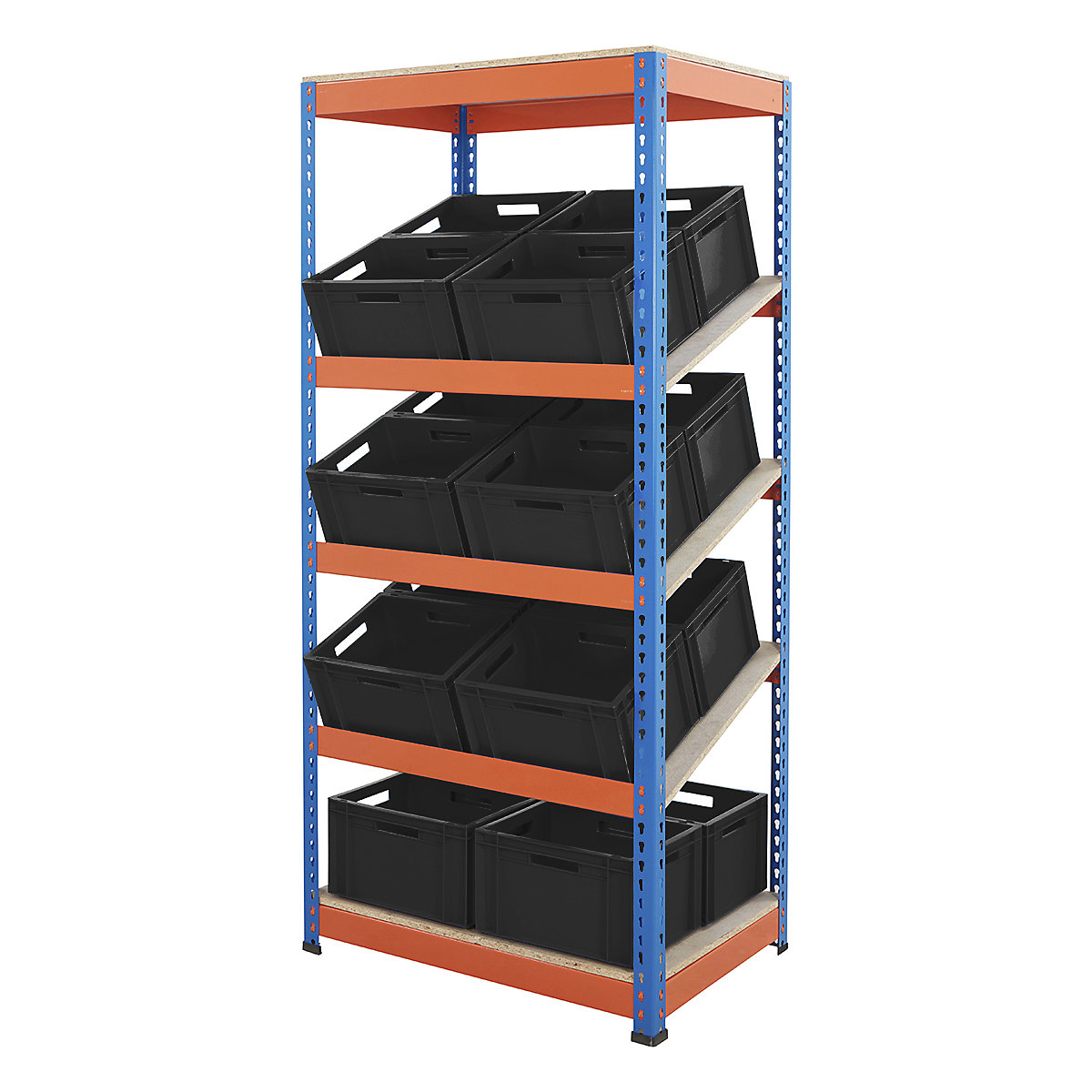 BiG400 Metal Kanban Shelving System, BiG400 Metal Kanban Shelving System, BiG400 Metal Kanban Shelving System | 1980h x 915w x 610d mm | 5 Shelves | 16x Black Recycled Euro Containers | 20 Litre | Blue & Orange-7