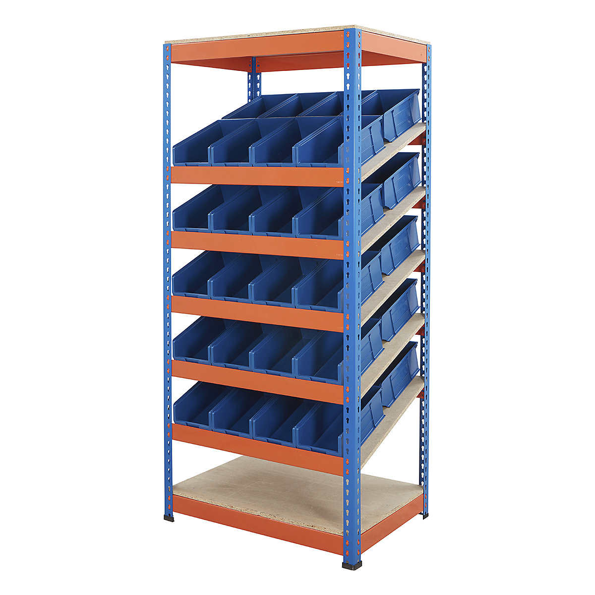 BiG400 Metal Kanban Shelving System, BiG400 Metal Kanban Shelving System, BiG400 Metal Kanban Shelving System | 1980h x 915w x 610d mm | 7 Shelves | 40x Blue Plastic Parts Bins | Blue & Orange-5