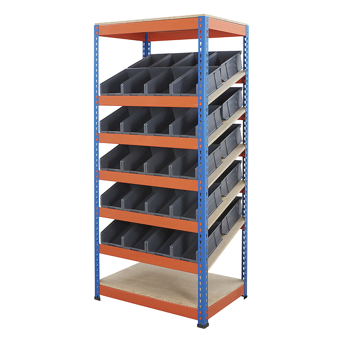 BiG400 Metal Kanban Shelving System, BiG400 Metal Kanban Shelving System, BiG400 Metal Kanban Shelving System | 1980h x 915w x 610d mm | 7 Shelves | 40x Grey Plastic Parts Bins | Blue & Orange-6