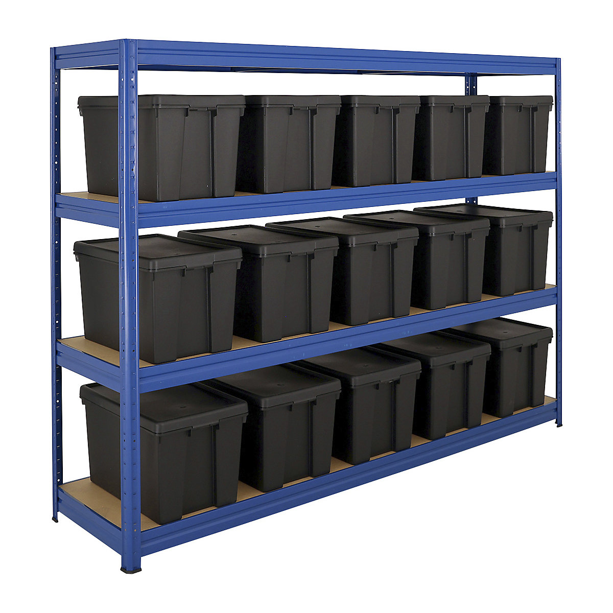 BiGDUG Garage Heavy Duty Shelving Kit With Wham Bam Recycled Storage Boxes, BiGDUG Garage Heavy Duty Shelving Kit With Wham Bam Recycled Storage Boxes, BiGDUG Garage Heavy Duty Shelving Kit With Wham Bam Recycled Storage Boxes | 1770h x 2400w x 600d mm | Blue | 4 Levels | 15x 62L Boxes | 450kg UDL-3